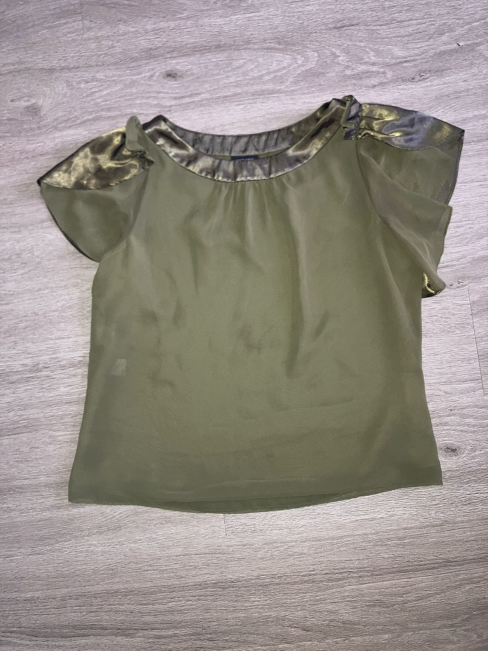 Olive Green Short Sleeve Blouse with Satin Trim